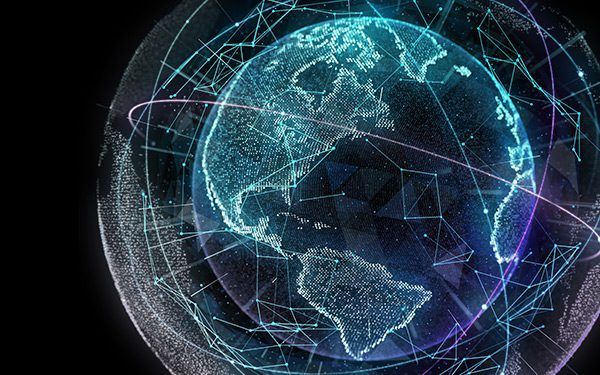 A digital image of the earth in space with green, blue, and purple details