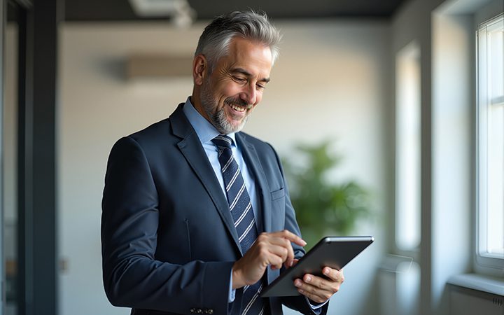 A smiling man in a suit uses a tablet while standing by a window in a modern office, with natural light illuminating the room and a green plant in the background.