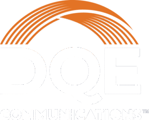 Logo for DQE Communications featuring large white letters "DQE" with orange curved lines forming an arc above the text. The word "COMMUNICATIONS" appears in smaller, partially visible letters below.