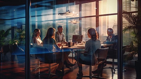 Five people sit around a conference table in a modern office with large glass windows, city buildings visible outside, sunlight streaming in, and laptops, papers, and coffee cups on the table.