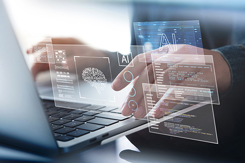 A person working on a laptop with digital holograms displaying AI-related graphics, code, charts, and a brain illustration, symbolizing artificial intelligence, technology, and the advanced AI fiber infrastructure of DQE Data Center.