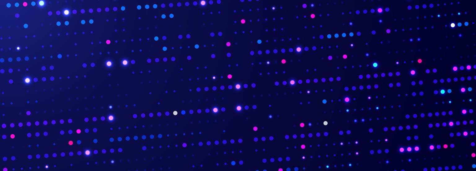A digital background inspired by Data Center and AI Infrastructure, featuring rows of small, glowing dots in blue, purple, and pink on a dark blue gradient backdrop for a futuristic, sparkling effect.