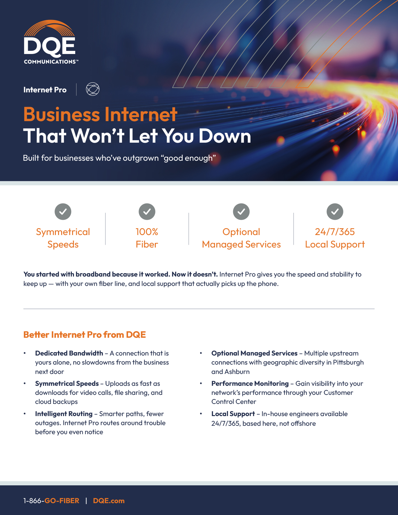 Marketing flyer for DQE Communications' Internet Pro business internet, highlighting symmetrical speeds, 100% fiber, optional managed services, and 24/7/365 local support. Features and contact info are listed on the page.