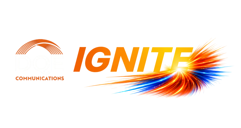 Logo with "DQE COMMUNICATIONS" on the left and "IGNITE" in bold orange letters on the right, featuring a burst of orange, yellow, and blue light rays at the end of "IGNITE" on a white background.